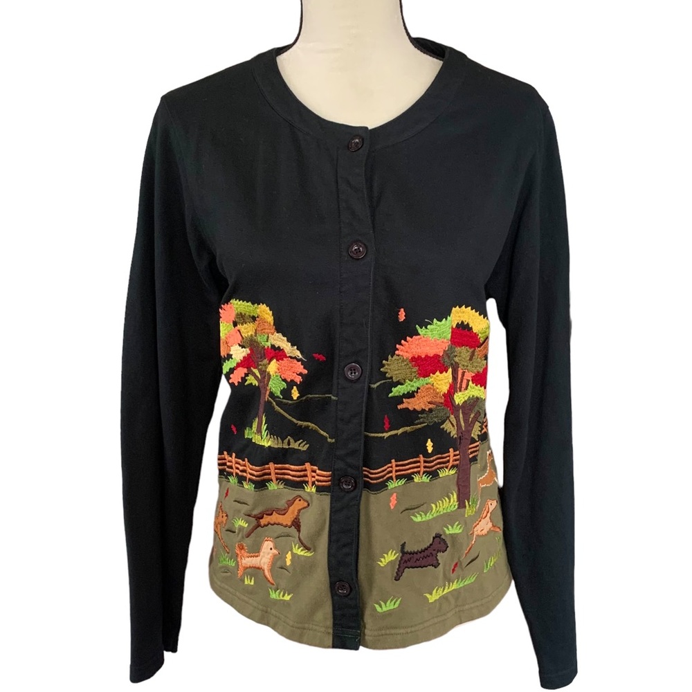Vintage Michael Simon Lite Autumn Fall Dog Themed Button Front Cardigan Top